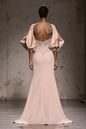 Light Pink Mermaid Appliqued Evening Dress With Puff Sleeves
